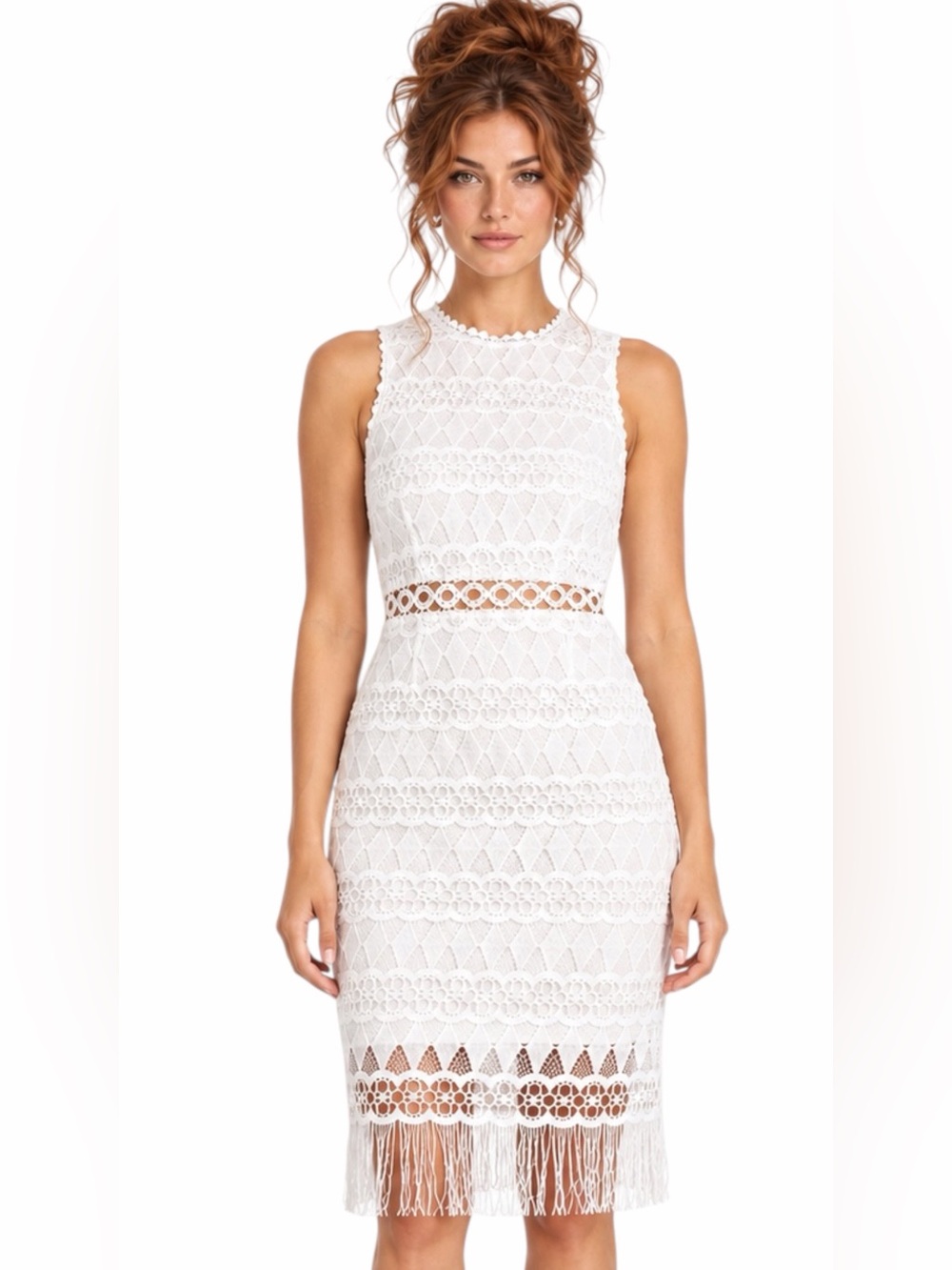 Lulus – Kenna Crochet Lace Bodycon Fringe Midi Dress White – Sz. XL
